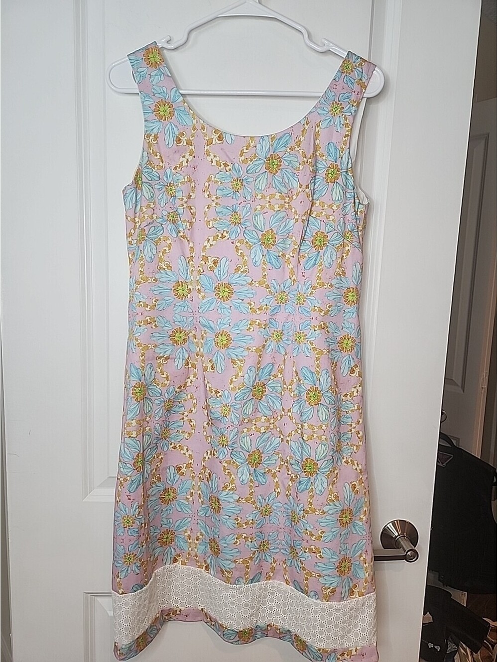 Kaeli Smith Shift Dress Women's 10 Blue Pink Multi Floral Sleeveless Resort New